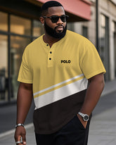 Men's Plus Size Daily Casual Yellow White Black Striped Letter Print Henry Collar Button Short Sleeve T-Shirt